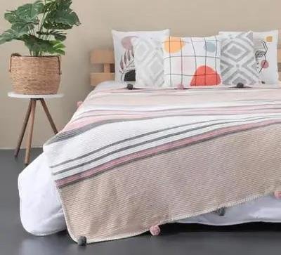 Aksu Pamuklu Battaniye Çift Kişilik Prune Ponpon Çantalı Pembe