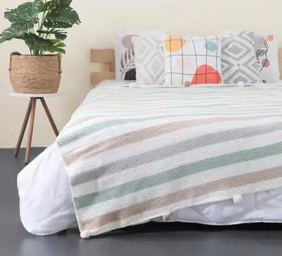 Aksu Pamuklu Battaniye Çift Kişilik Prune Ponpon Çantalı Bej